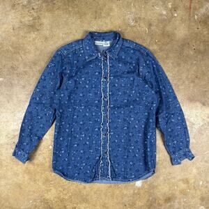 Vintage‎ Cabin Creek Women’s Denim Floral Button Up Blue Ruffle Cottagecore S